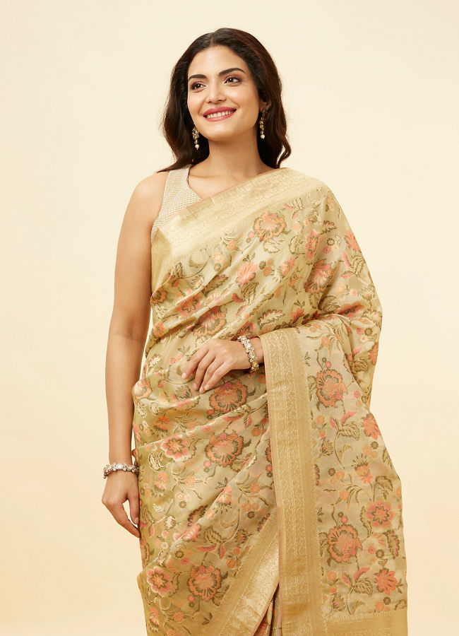 alt message - Mohey Women Dark Cream Botanical Print Zari Bordered Saree image number 1